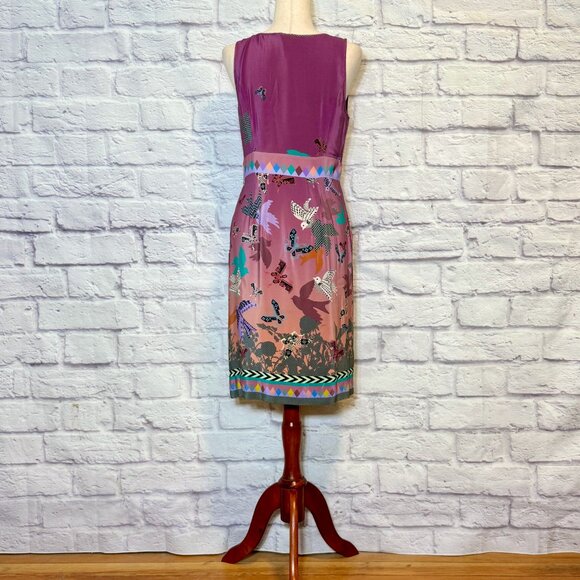 Anthropologie Heyhoe Purple Silk Geometric Animal Print Knee-Length Dress - Picture 2 of 6